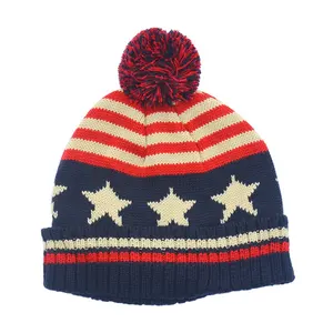 hot selling new design US flag hats acrylic material jacquard logo American knitted beanies hats for sports teams