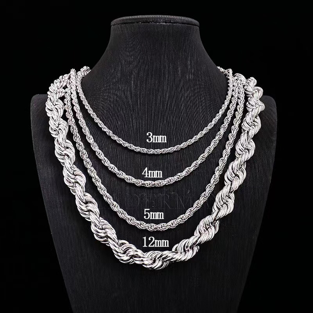 High Quality 925 Sterling Silver 3mm 4mm 5mm 12mm Rope Chain Necklace Rhodium Plated Hip Hop Rope Chain for Men