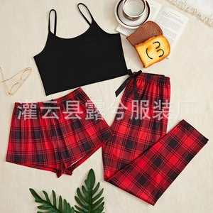 Ensemble de vêtements de détente pour femmes, short à bretelles, pantalon, ensemble trois pièces, style européen et américain, commerce électronique transfrontalier. - Product Image 3