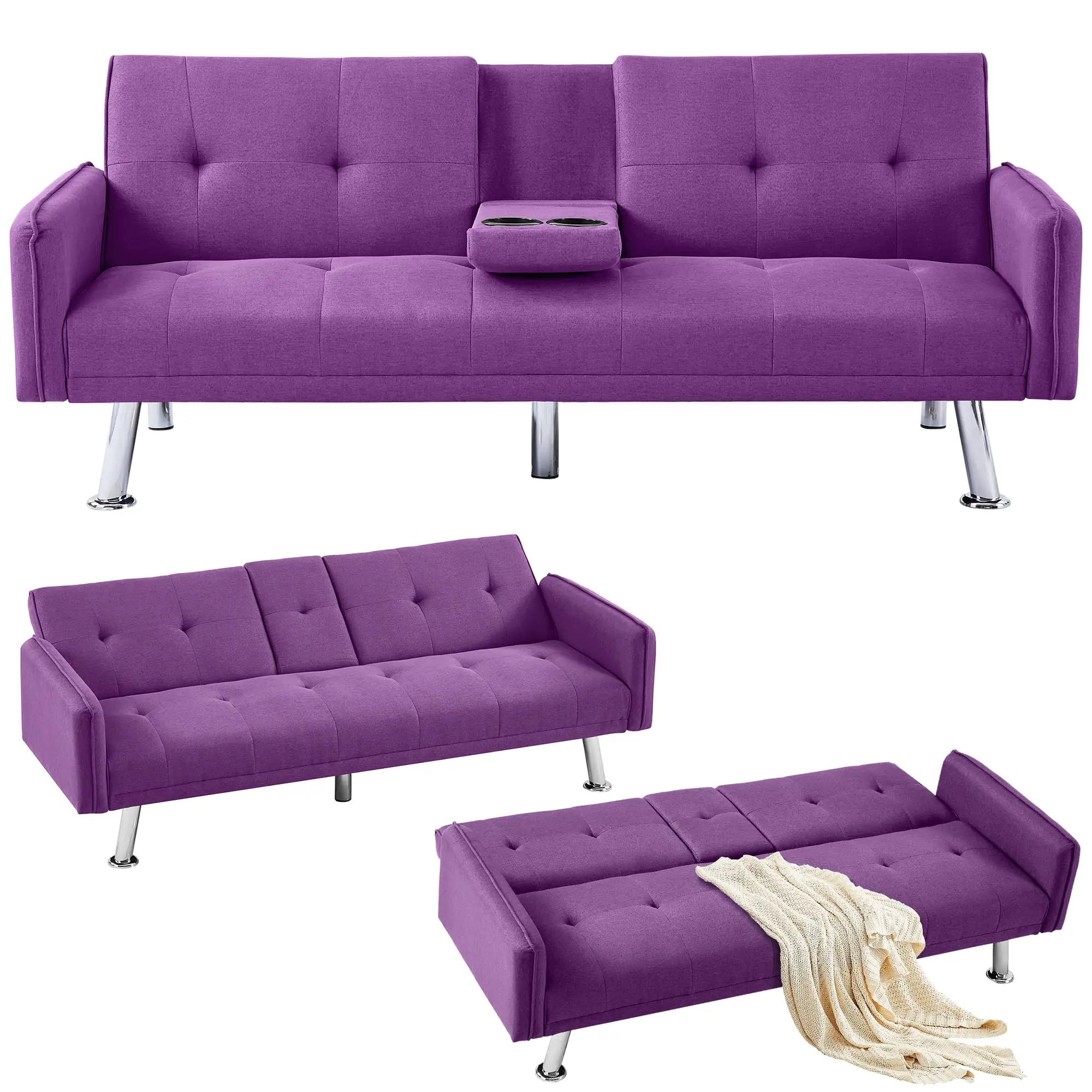 Современный диван-кровать с мягкой раскладной Раскладной Диван диван с металлической ножкой и 2 подстаканниками Для дома-фиолетовый