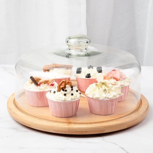 Support à gâteau en bambou avec couvercle en verre, plateau rotatif pour cupcakes avec couvercle, support à gâteau avec base tournante - Product Image 2