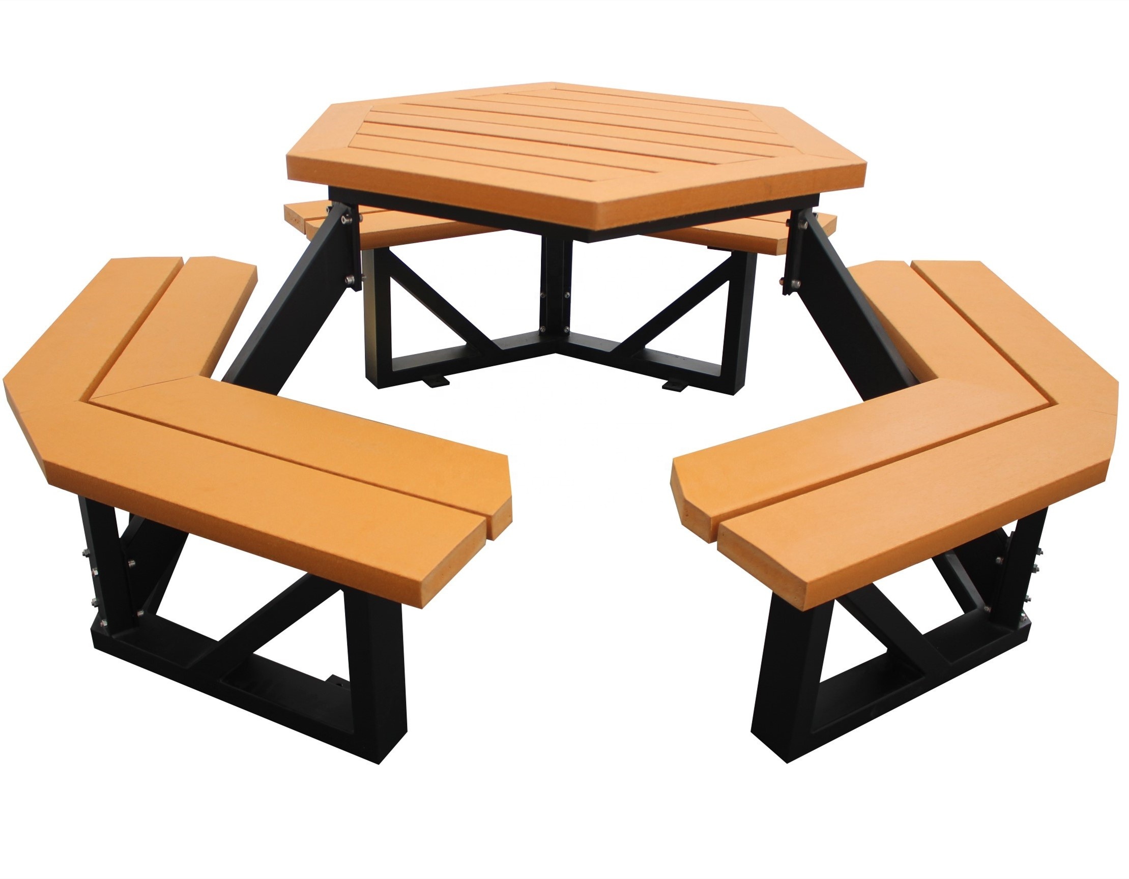 木製 六角テーブル ベンチセット 天然木 杉材 屋外家具 アウトドア リサイクルウッド＆アイアン 六角形ガーデンテーブルとベンチセット
