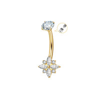 Vente en gros de bijoux de corps en titane ASTM F136 plaqué or 18 carats avec zircon, motif papillon et fleur, pour piercing de nombril