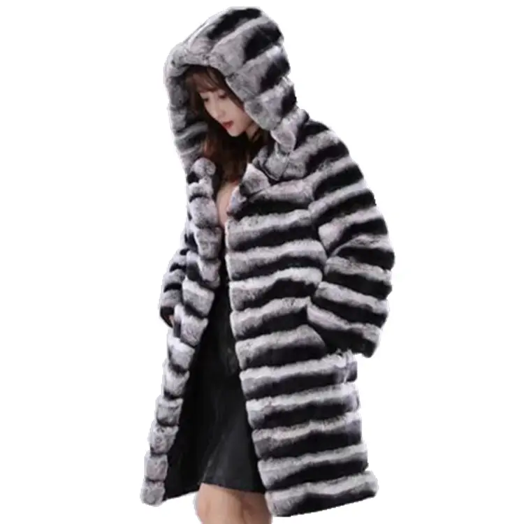 Luxury design Ladies Winter Clothing Grey Hooded Women Rex Rabbit Fur Coat Parka Jacket