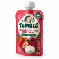 Pochette à bec verseur personnalisée imprimée, refermable et réutilisable pour aliments pour bébés, 120g, purée de fraise, betterave et yaourt grec