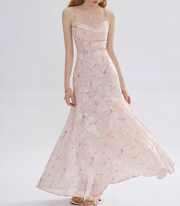 Robe longue à fines bretelles en tissu tissé, imprimé numérique floral, respirante, écologique, rose, petite tenue de vacances - Product Image 1
