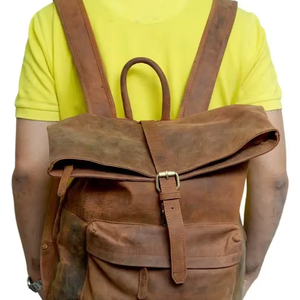 100% Genuine Full Grain Leather Light <b>Weight</b> Large Capacity Fashion Backpack Durable High Quality Cotton Twill Two-Way Zipper - Product Image 1