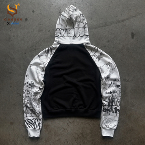 Sweat-shirt à capuche en coton patchwork streetwear personnalisé pour homme, manches oversize, imprimé crâne, pull-over, OEM ODM, vente en gros - Product Image 3