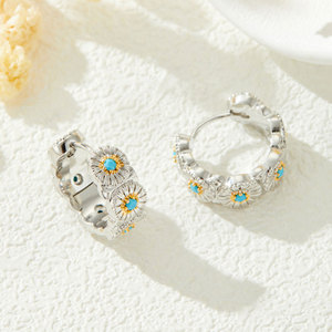 Daisy Flower Clip On Earrings Blue Turquoise Bezel Setting Two Tone Gold Women Party Fashion Jewelry - Product Image 4