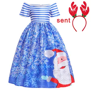 Новое поступление, праздничные платья с открытыми плечами для маленьких девочек, с рождественским оленем, снежинкой, атласное платье принцессы с принтом SD056
