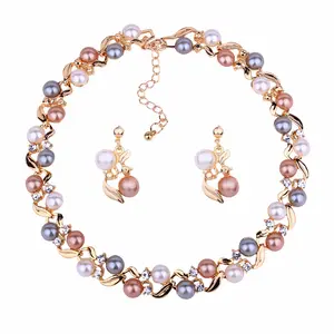 2024 Trendy Plated Pearl Necklace Earring Set Rhinestone Crystal Pearl Necklace For Women