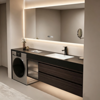 Meuble de salle de bain avec lave-linge intégré pour balcon et vasque intégrée en pierre frittée thermoformée