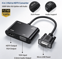 Convertidor VGA a HDTV 4 en 1, 1080P 60Hz, Divisor VGA Chapado en Oro con Audio, Carcasa de Aluminio para PC, Laptop, Monitor, TV, Proyector