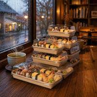 Boîte à sushi avec couvercle transparent à dôme haut, étanche, motif décoratif, boîte à bento jetable pour la livraison de restaurants japonais, OEM