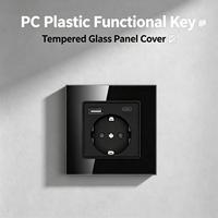 Prise murale standard européenne 86 mm, panneau en verre trempé ABS, port de charge USB-A Type-C, 16A 250V, prise Schuko, anti-effraction