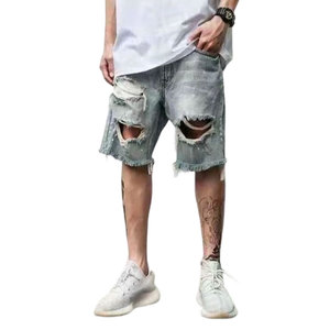 Shorts <span class=keywords><strong>en</strong></span> <span class=keywords><strong>jean</strong></span> tissé décontractés pour <span class=keywords><strong>homme</strong></span>, taille basse, coupe droite, déchirés, longueur genou, effet vieilli, style vintage, pour l'été - Product Image 4
