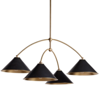 Lustre moderne à 4 lumières avec bras courbés |   Suspension LED en laiton noir et or avec abat-jour conique pour salle à manger