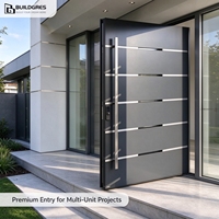 Porte d'entrée modulaire contemporaine en alliage d'aluminium avec incrustation horizontale, verre dépoli découpé, poignée barre pleine longueur et serrure multipoints