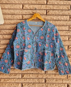 High Custom Hand Block Printed Blue Floral Quilted Cotton Coat Lightweight Quilted Ethnic with Button Front for Women Stylish - Product Image 1