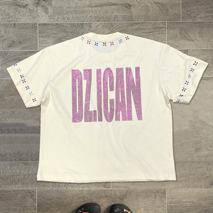 เสื้อยืดดีไซน์เนอร์พิมพ์ลายทรงบ็อกซี่คุณภาพสูง เสื้อสตรีทแวร์ประดับเพชร คอทรงกลม ผ้าฝ้ายฟอกสี เสื้อครอปผู้ชาย - Product Image 2