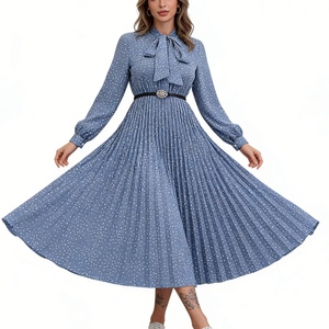 Robe longue plissée à pois pour femme, col noué, manches longues, fluide, style vintage décontracté, tendance - Product Image 6