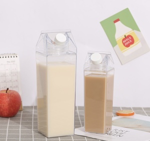 MAYSURE Bouteilles d'eau carrées en plastique sans BPA de 500ml 1L réutilisable en acrylique, mignon carton de lait, gobelet en plastique transparent personnalisé avec couvercle - Product Image 1