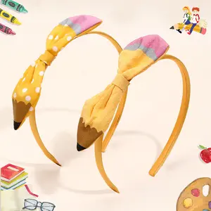 Customized Printed Hair Accessories Yellow Bow Knot Hair Band School Pencil Headbands for Kids Girls