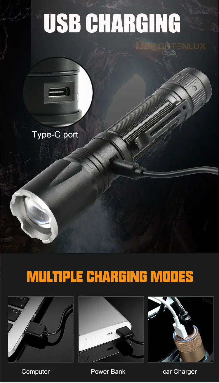 USB Siêu Sáng Công Suất Cao Zoom Taschenlampe Torch Ánh Sáng Mạnh Mẽ Linterna P50 Mạnh Mẽ Chiến Thuật LED Có Thể Sạc Lại Edc Đèn Pin