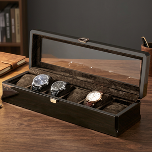 Caja de reloj de madera rectangular con 6 posiciones, interior de gamuza sintética, cierre a presión a prueba de polvo, color marrón y negro - Product Image 4