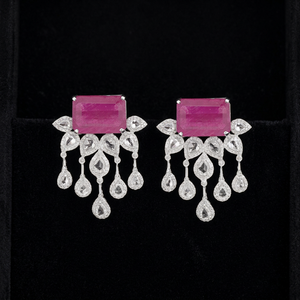 Pink Emerald Cut <b>Moissanite</b> Chandelier Drop <b>Earrings</b> 10K-18K Gold & Sterling Silver Rhodium Plated Wedding & Party Fine Jewelry - Product Image 1