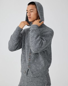 Cárdigan con capucha personalizado de punto Mohair para hombre, suéter <span class=keywords><strong>gris</strong></span> de un solo botón y sudaderas con capucha ajustadas - Product Image 1