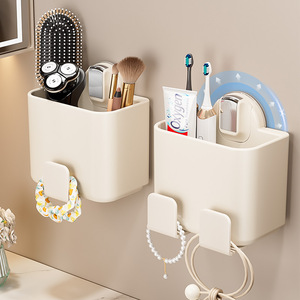 Wall Mounted Storage <b>Bin</b> With Hooks For Bathroom Toothbrush Toothpaste Razor And Jewelry Organizer <b>Rectangle</b> Punch Free Design - Product Image 1