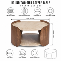 Ensemble de tables basses rondes modernes et durables à deux niveaux avec supports en bois courbé et étagère de rangement ouverte pour salon - Vente en gros