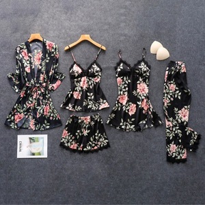 Conjunto de Pijama de Satén de Verano para Mujer, 5 Piezas, Estampado Floral Rosa, Ropa de Dormir con Relleno en el Sujetador, Camisola, Bata, Ropa de Estar por Casa - Product Image 4