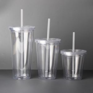 Wholesale 12oz 16oz 22oz 24oz BPA Free <b>Double</b> <b>Wall</b> Acrylic Clear Juice Water Tumbler Tea Plastic Coffee Mug with Straw and Lids - Product Image 1