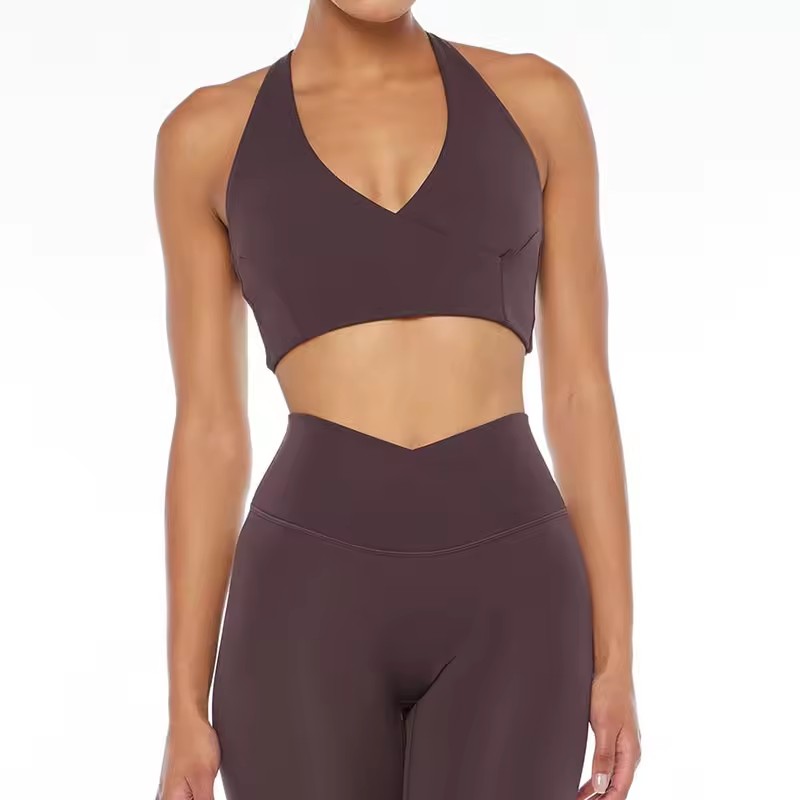 High Quality V Neck Sexy Cross Back Compression Polyester Yoga Fitness Sports Bra for Women