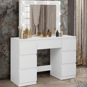 Modern Makeup <strong>Table</strong> <strong>with</strong> LED Lights <strong>Mirrored</strong> Vanity <strong>Table</strong> <strong>with</strong> 7 Drawers Bedroom Furniture MDF Wood <strong>Dressing</strong> <strong>Table</strong> - Product Image 4