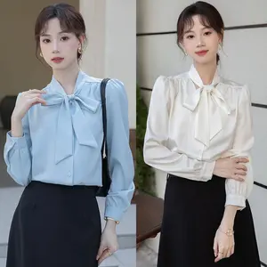 Womens Silk Bow Tie Neck Shirts Japanese Blue Dressy Blouses Lantern Sleeve Office Lady Tops Formal Shirt