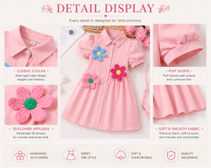Vestido de Color Sólido <span class=keywords><strong>para</strong></span> <span class=keywords><strong>Niñas</strong></span> con Apliques de Flores en 3D, Cuello con Mangas Abullonadas, Vestido de Boutique <span class=keywords><strong>para</strong></span> <span class=keywords><strong>Niñas</strong></span> - Product Image 3