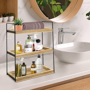 Étagère de rangement double couche en bois et fer, autoportante, durable, pour salle de bain, profondeur 8-11,9 pouces - Product Image 4