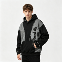 Sweat à capuche zippé noir délavé tie-dye avec broderie motif épines et bords effilochés, coupe ample, style gothique hip-hop