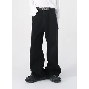 Men Loose Baggy Fit Wide Leg 5 Pockets Trousers Casual Wear Acid Wash Sand Blast Cat Whiskers Denim Men Jeans