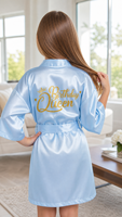Robe de satin pour anniversaire, pour filles et femmes, kimono court, peignoir, costume de fête, séance photo, robe à lettres dorées scintillantes, cadeau