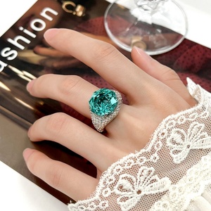 High Quality Jewelry Eco-friendly Copper 14mm Green Zircon <b>Large</b> Colorful Statement Bold Center Stone Band <b>Rings</b> for Women - Product Image 6