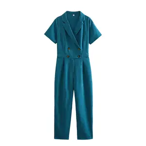 Đôi Ngực Màu Xanh Lá Cây Màu Ngắn Tay Áo Notched Cổ Áo Giản Dị Phụ Nữ Thanh Lịch Một Mảnh Jumpsuit