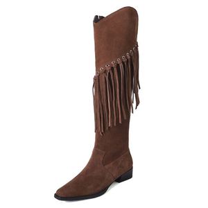 Bottes longues pour femmes, nouvelle collection, automne-hiver, mode, chaussures à franges, talon bas, bout carré, bottes hautes pour femme, abricot - Product Image 1