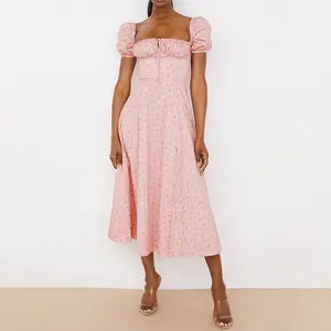Weixin Women Clothing Professional Custom Pink Floral Puff Sleeve Side Split Naomi Campbell Butterfly Shredded Midi Dress