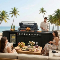 Îlot de cuisine BBQ extérieur tout-en-un en acier inoxydable 304 avec évier et réfrigérateur, en verre trempé, personnalisable