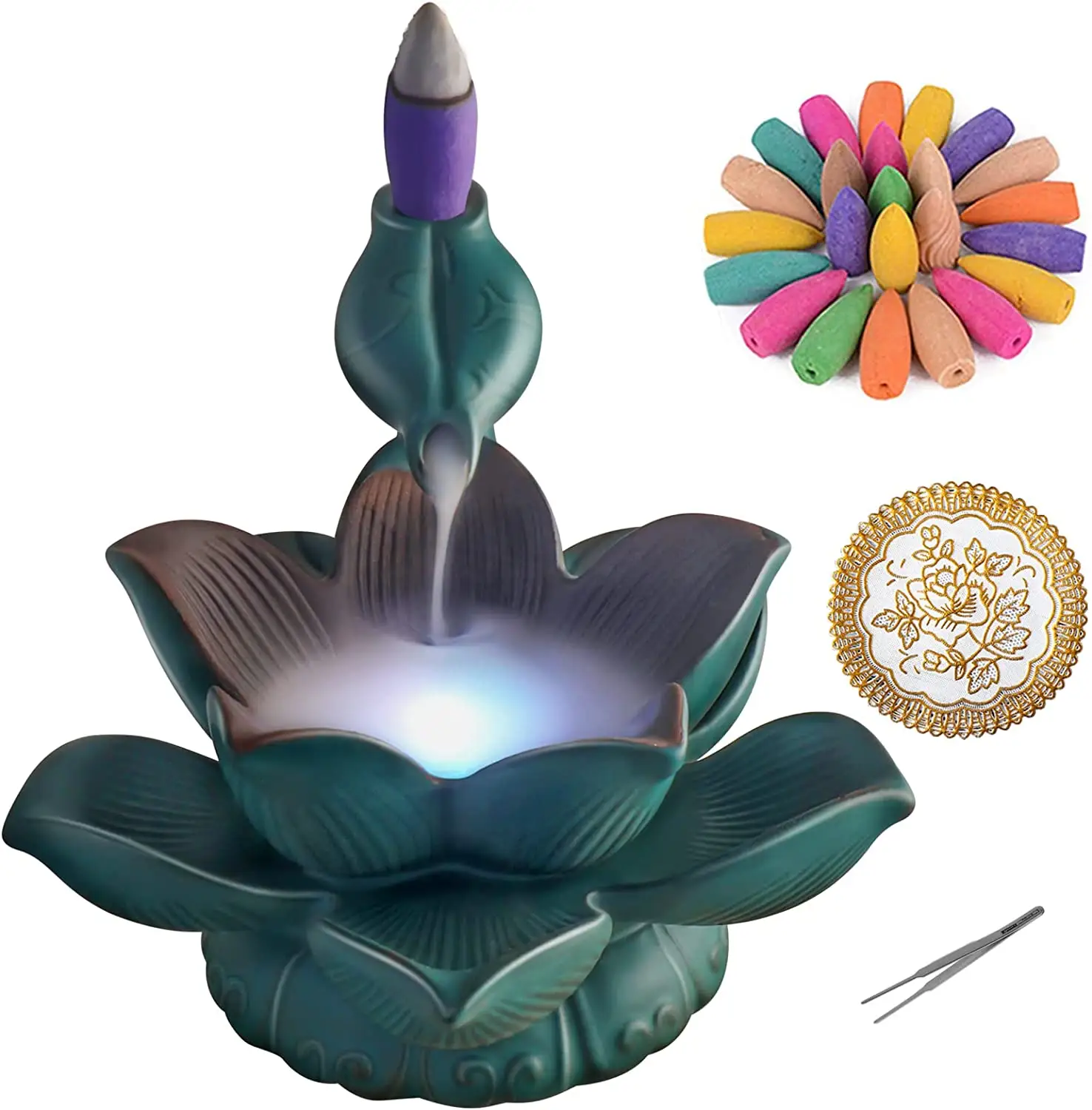Ceramic LED Lotus Incense Burner Waterfall Backflow Incense Holder Aroma Smoke Fountain Censer with 20 Backflow Cones