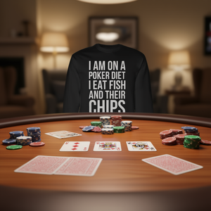 T-shirt à manches longues « Je suis en régime poker », avec un jeu de mots sur le thème du poker : « Je mange du poisson et ses chips ». - Product Image 3